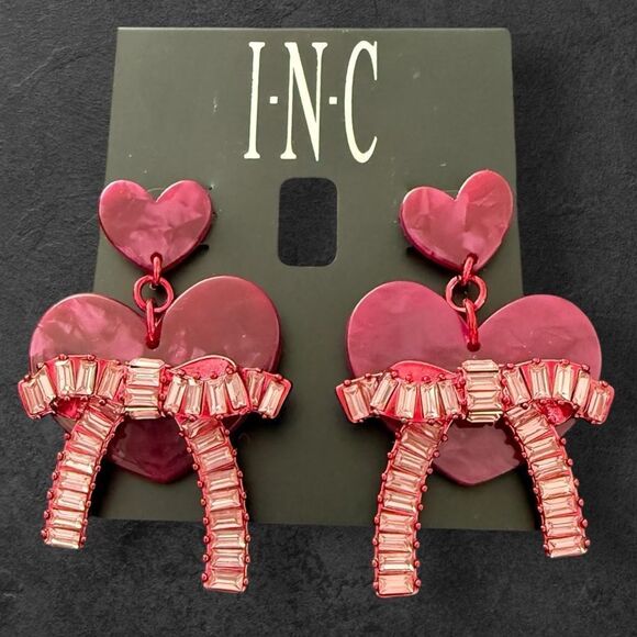 INC Red Bow Heart Fuchsia Stone Heart Bagette Stone Drop Earrings - Picture 1 of 3